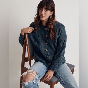 NWT Madewell Cable Ashmont Cardigan Sweater Heather Mineral Blue Oversized XXS